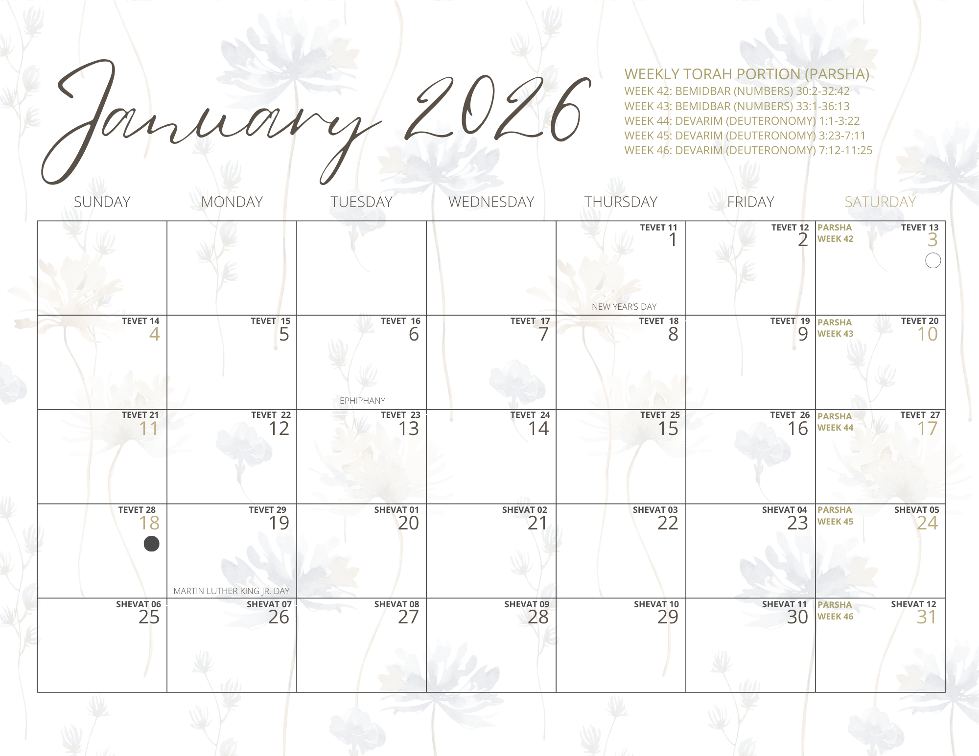 Pastel Floral Calendar: A Digital Integrated Biblical and Gregorian Calendar for 2026